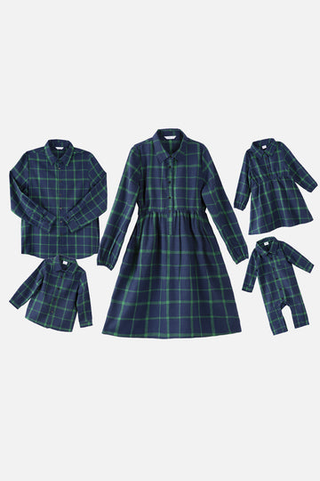 Vestidos a cuadros verde oscuro y camiseta de manga larga Conjuntos familiares a juego